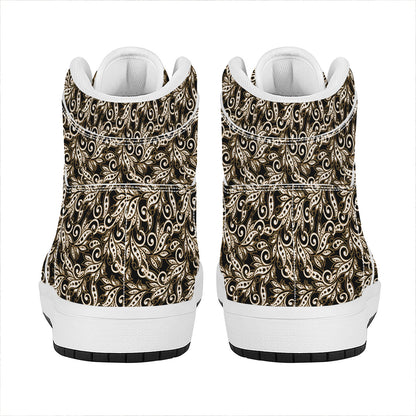 Dark Western Floral Pattern Print High Top Leather Sneakers
