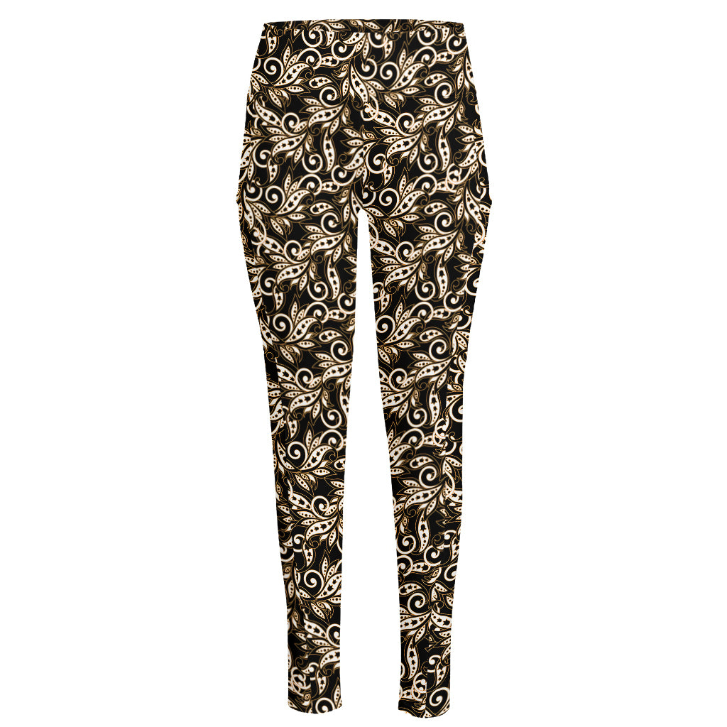 Dark Western Floral Pattern Print High-Waisted Pocket Leggings