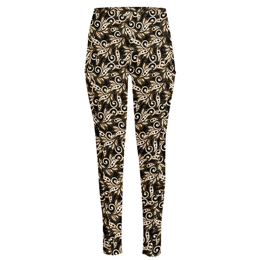 Dark Western Floral Pattern Print High-Waisted Pocket Leggings