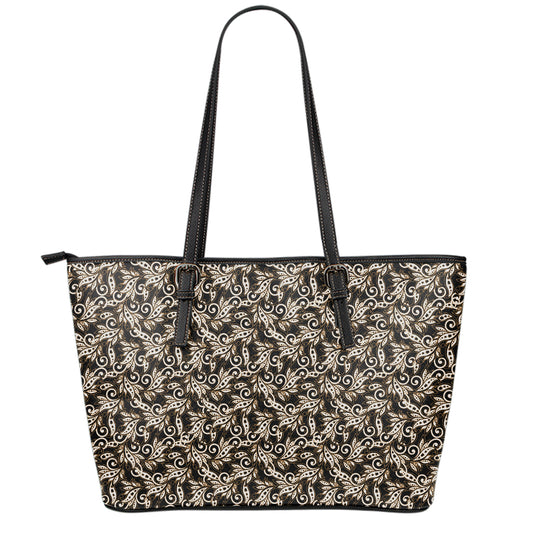 Dark Western Floral Pattern Print Leather Tote Bag