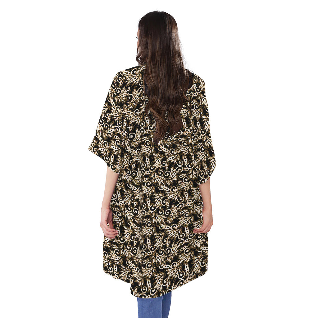 Dark Western Floral Pattern Print Open Front Beach Cover Up