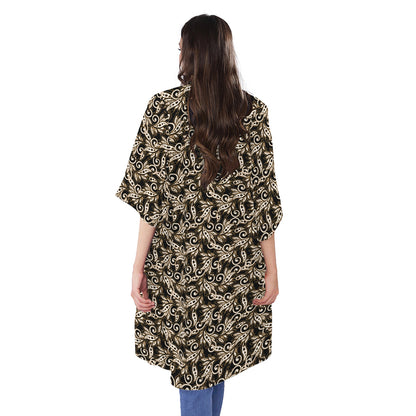 Dark Western Floral Pattern Print Open Front Beach Cover Up