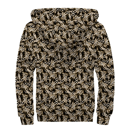 Dark Western Floral Pattern Print Sherpa Lined Zip Up Hoodie