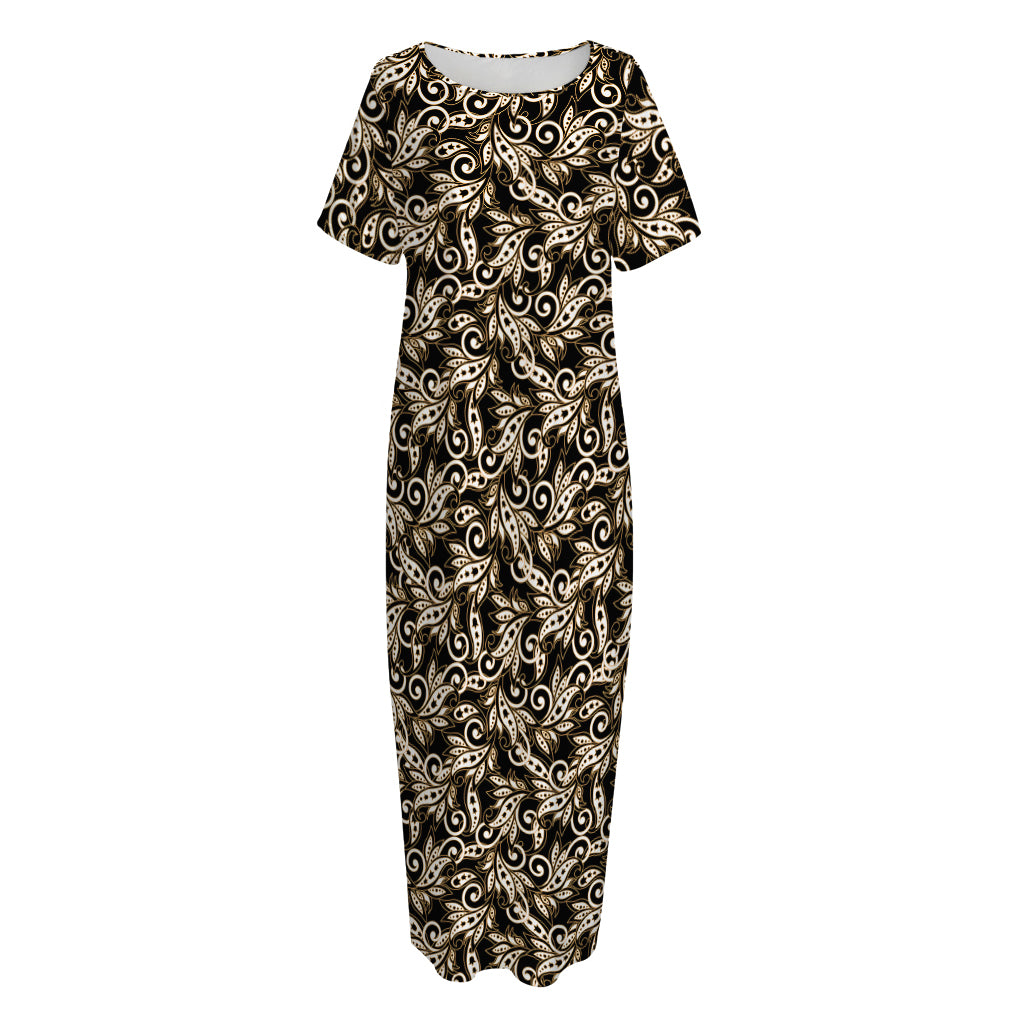 Dark Western Floral Pattern Print Short Sleeve Long Nightdress