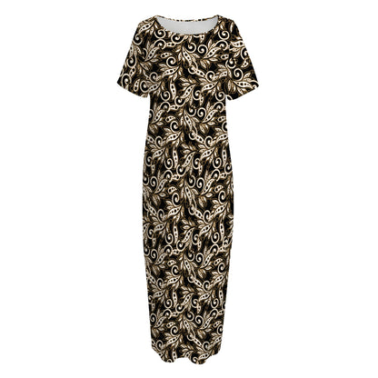 Dark Western Floral Pattern Print Short Sleeve Long Nightdress