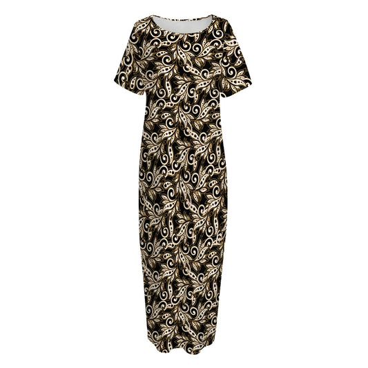 Dark Western Floral Pattern Print Short Sleeve Long Nightdress