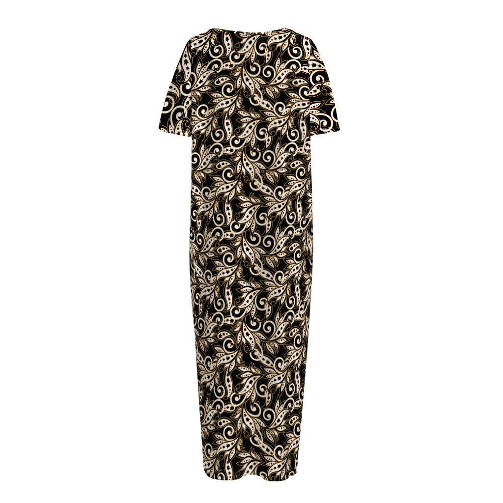 Dark Western Floral Pattern Print Short Sleeve Long Nightdress