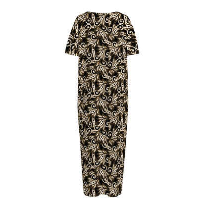 Dark Western Floral Pattern Print Short Sleeve Long Nightdress