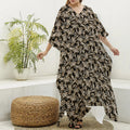 Dark Western Floral Pattern Print Silk V-Neck Kaftan Dress