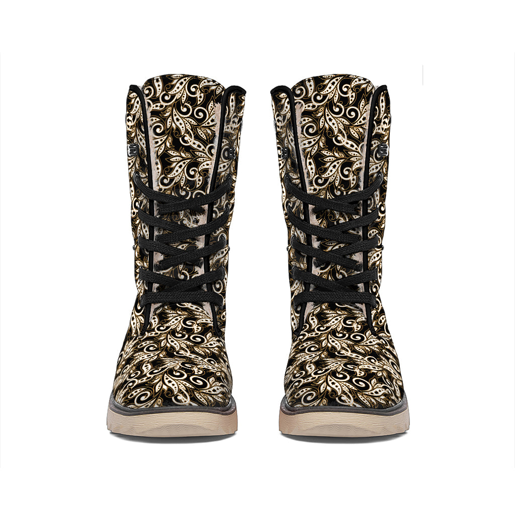 Dark Western Floral Pattern Print Winter Boots