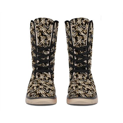Dark Western Floral Pattern Print Winter Boots
