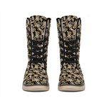 Dark Western Floral Pattern Print Winter Boots