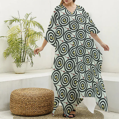Dartboard Cartoon Pattern Print Silk V-Neck Kaftan Dress