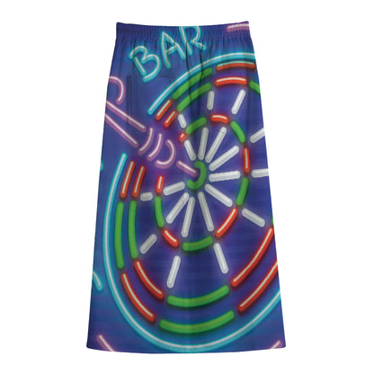 Darts Bar Sign Print Cotton Front Slit Maxi Skirt