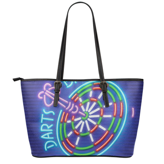 Darts Bar Sign Print Leather Tote Bag