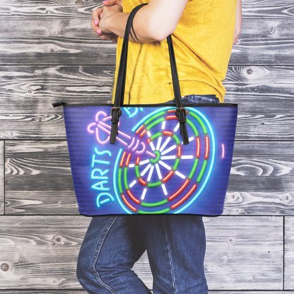Darts Bar Sign Print Leather Tote Bag