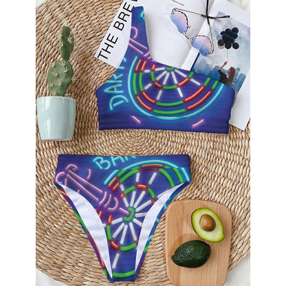 Darts Bar Sign Print One Shoulder Bikini Top