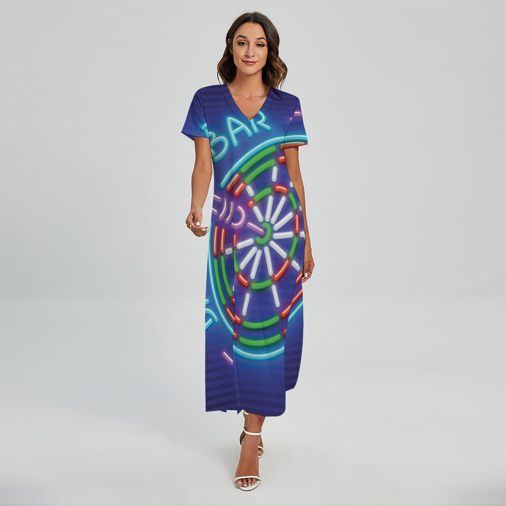 Darts Bar Sign Print Short Sleeve Maxi Dress