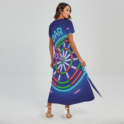 Darts Bar Sign Print Short Sleeve Maxi Dress