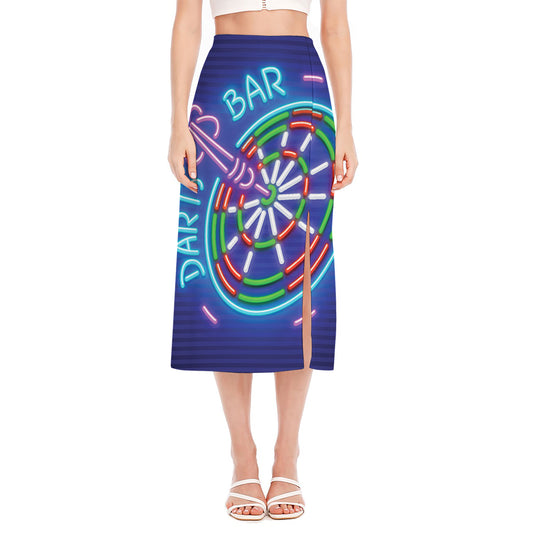 Darts Bar Sign Print Side Slit Midi Skirt