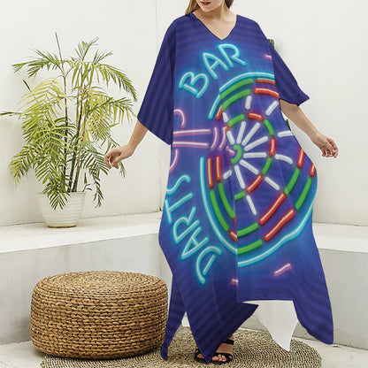Darts Bar Sign Print Silk V-Neck Kaftan Dress