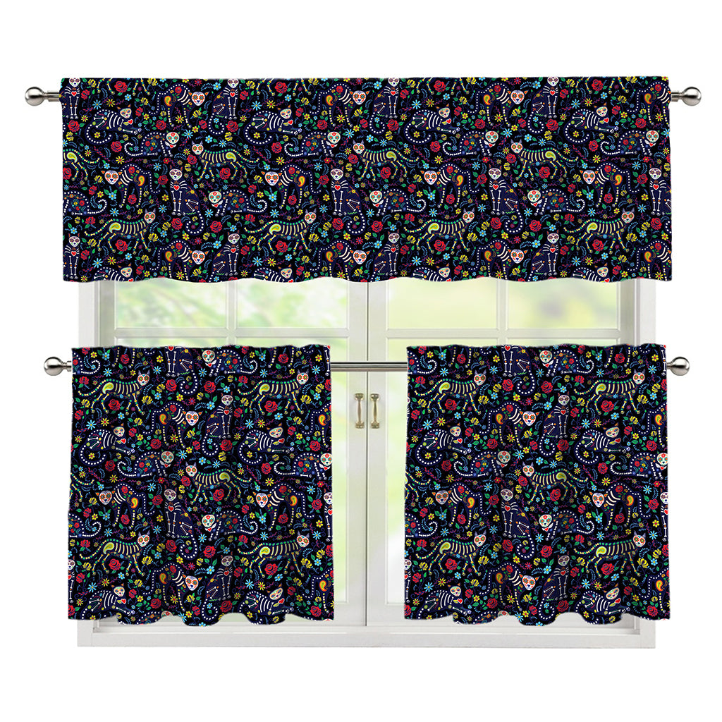 Day Of The Dead Calavera Cat Print 3 Piece Kitchen Curtains