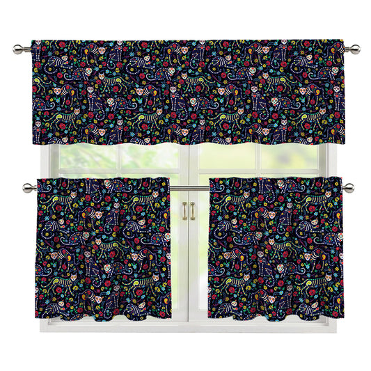 Day Of The Dead Calavera Cat Print 3 Piece Kitchen Curtains