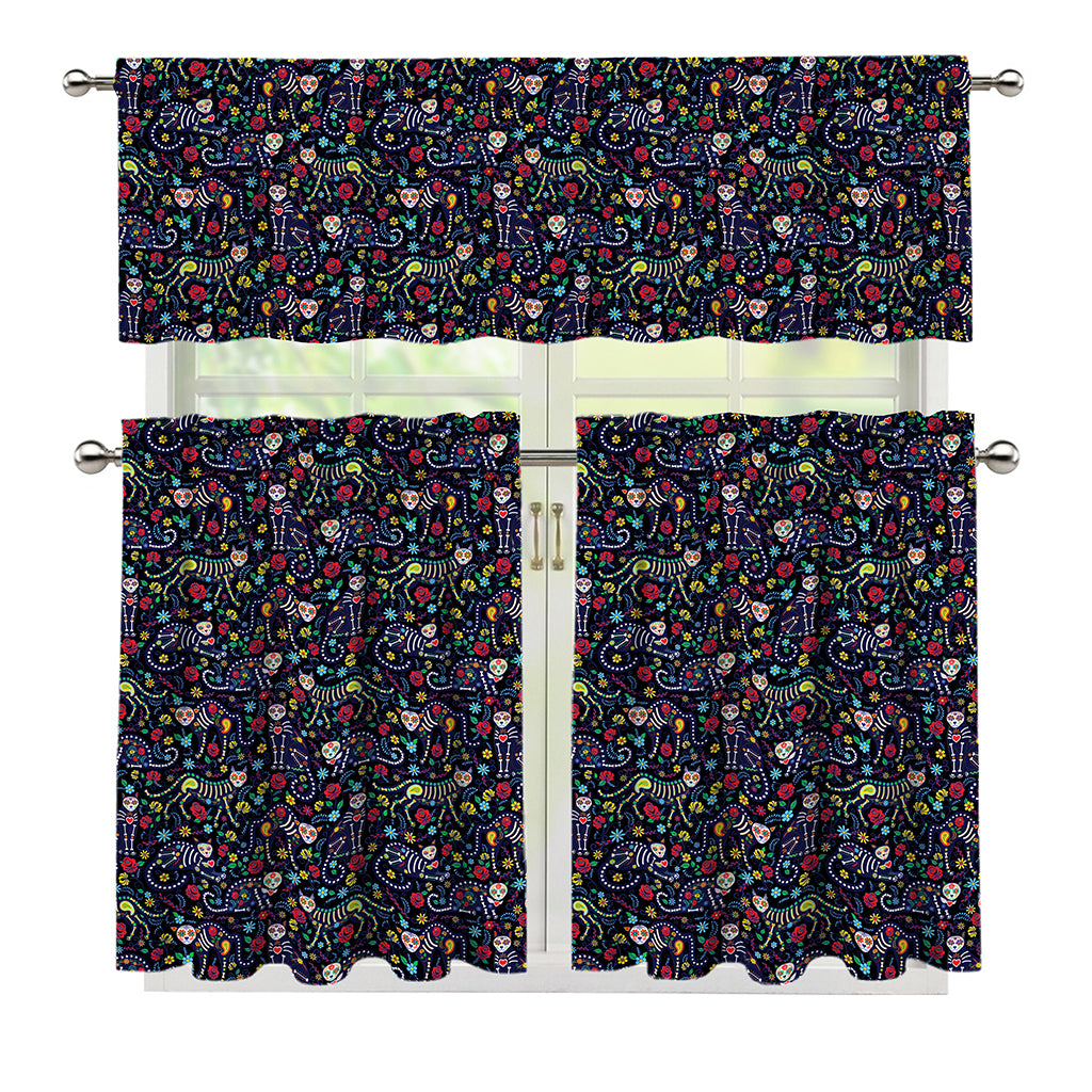 Day Of The Dead Calavera Cat Print 3 Piece Kitchen Curtains