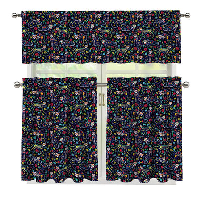 Day Of The Dead Calavera Cat Print 3 Piece Kitchen Curtains