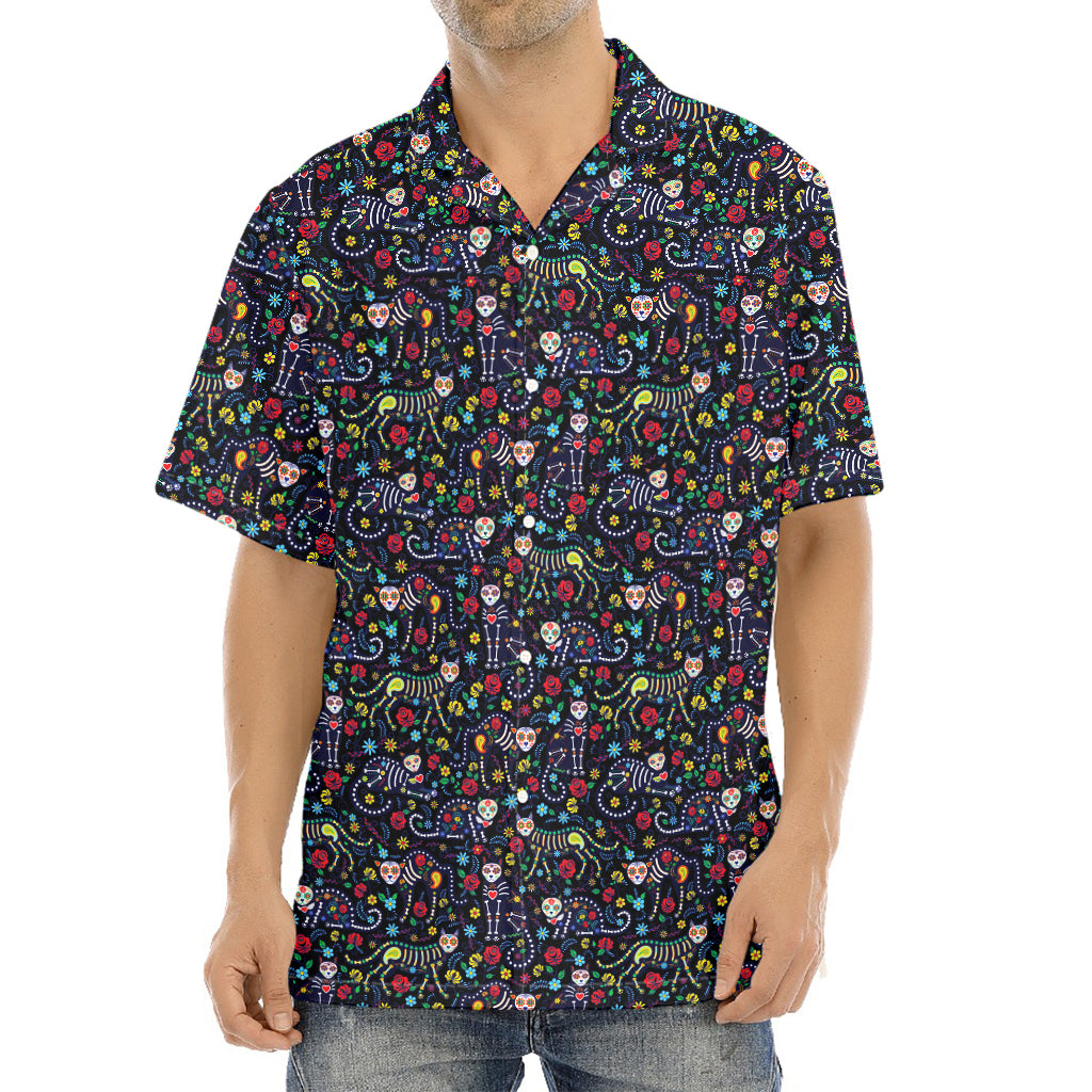 Day Of The Dead Calavera Cat Print Aloha Shirt