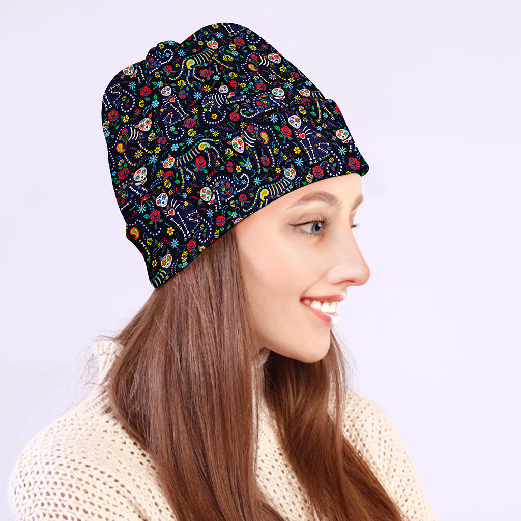 Day Of The Dead Calavera Cat Print Beanie