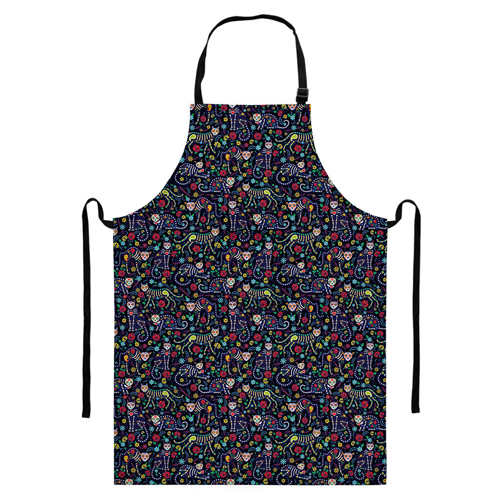 Day Of The Dead Calavera Cat Print Bib Apron With Pocket