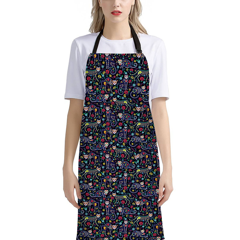 Day Of The Dead Calavera Cat Print Bib Apron With Pocket