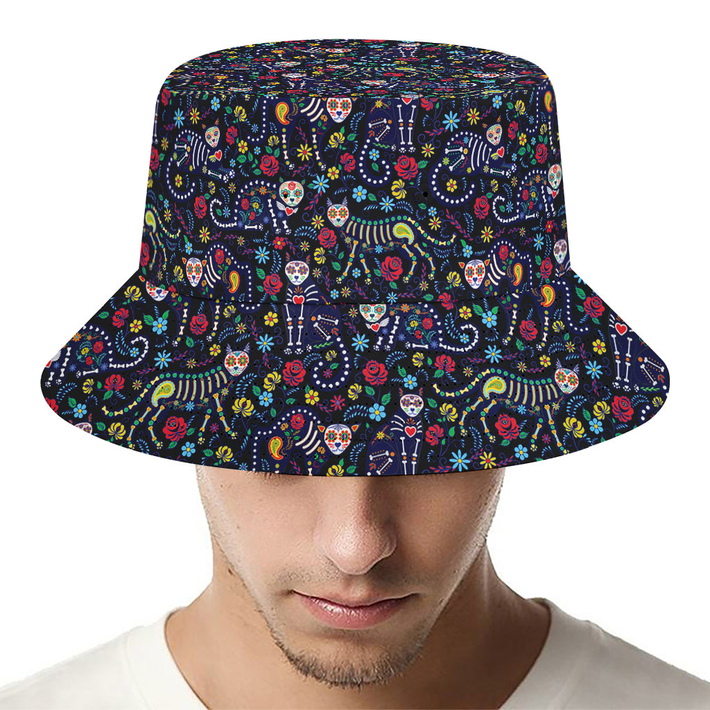 Day Of The Dead Calavera Cat Print Bucket Hat