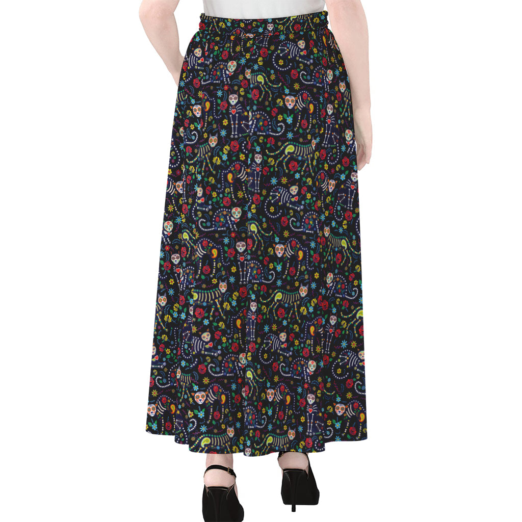 Day Of The Dead Calavera Cat Print Chiffon Maxi Skirt