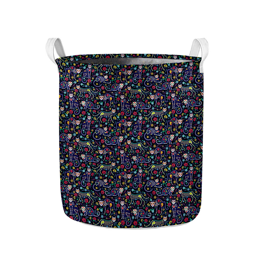 Day Of The Dead Calavera Cat Print Collapsible Laundry Basket