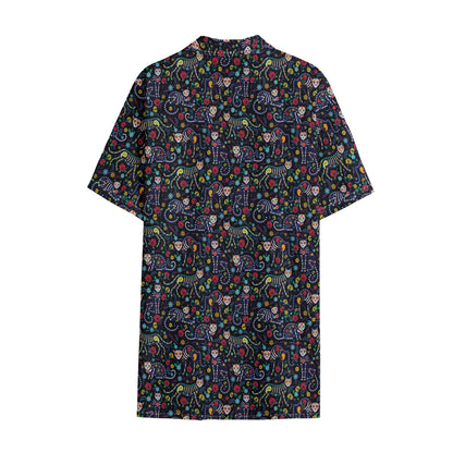 Day Of The Dead Calavera Cat Print Cotton Hawaiian Shirt
