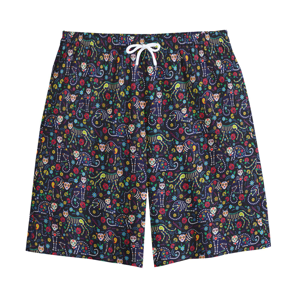 Day Of The Dead Calavera Cat Print Cotton Shorts