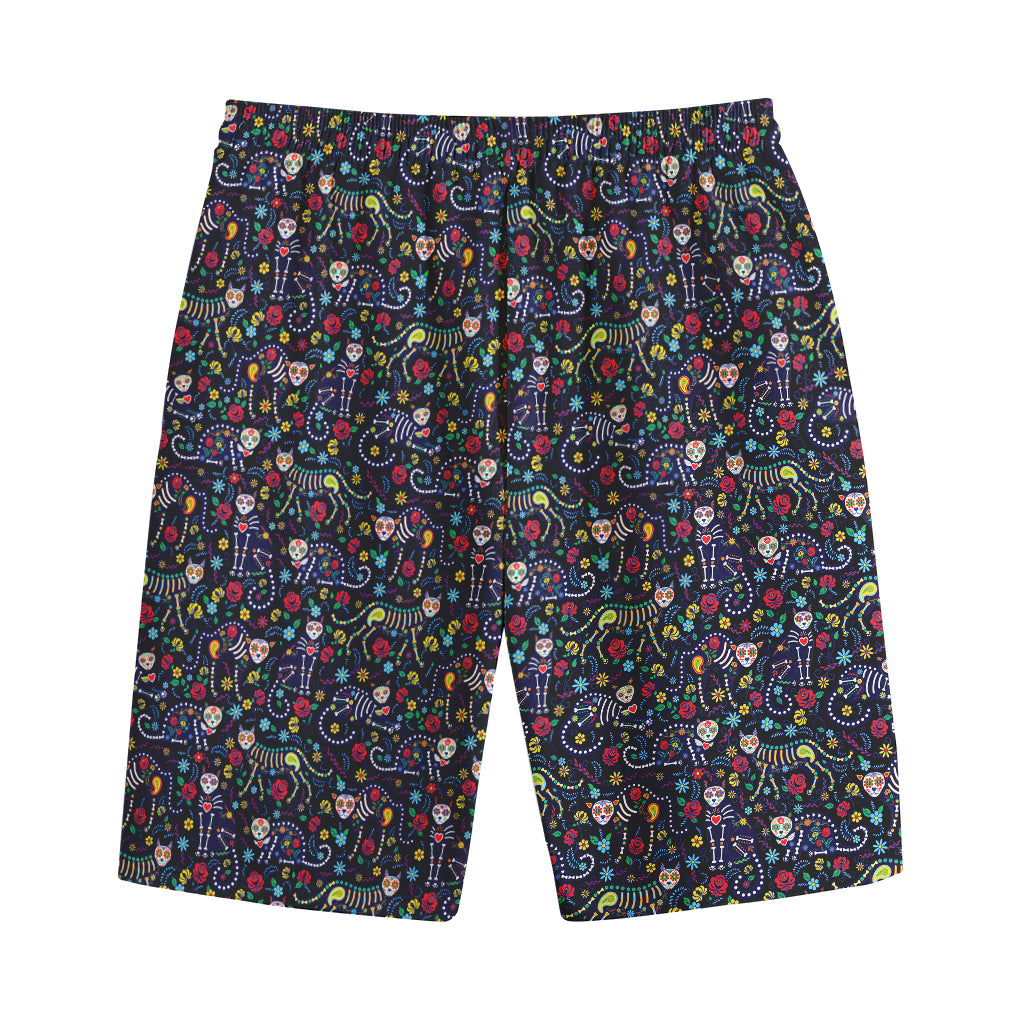Day Of The Dead Calavera Cat Print Cotton Shorts