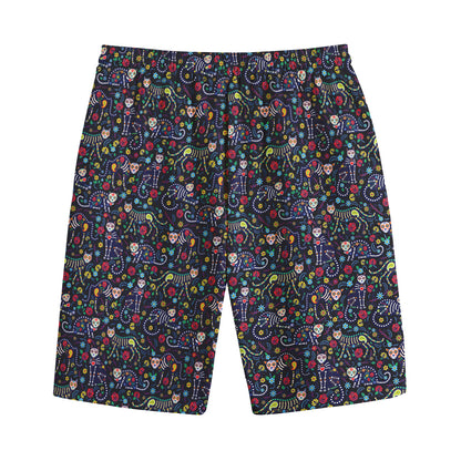 Day Of The Dead Calavera Cat Print Cotton Shorts
