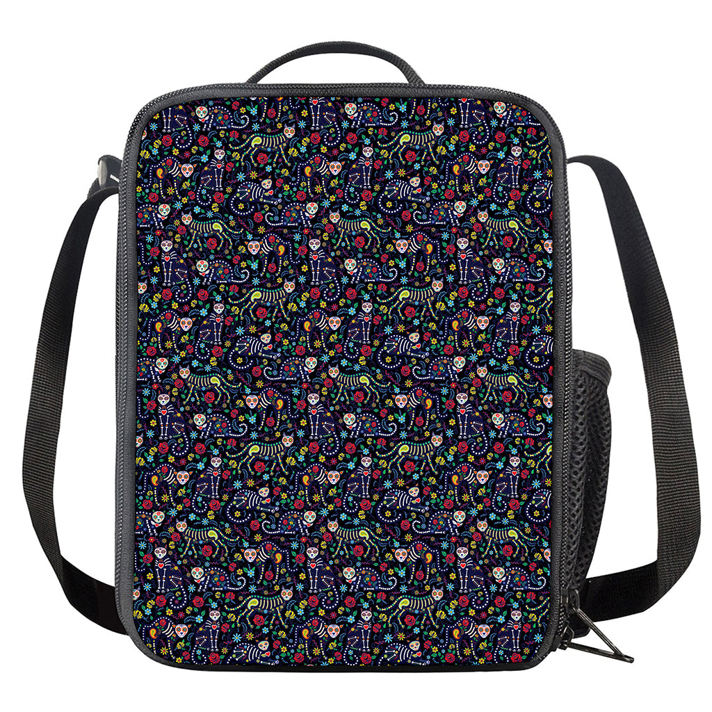Day Of The Dead Calavera Cat Print Crossbody Lunch Bag