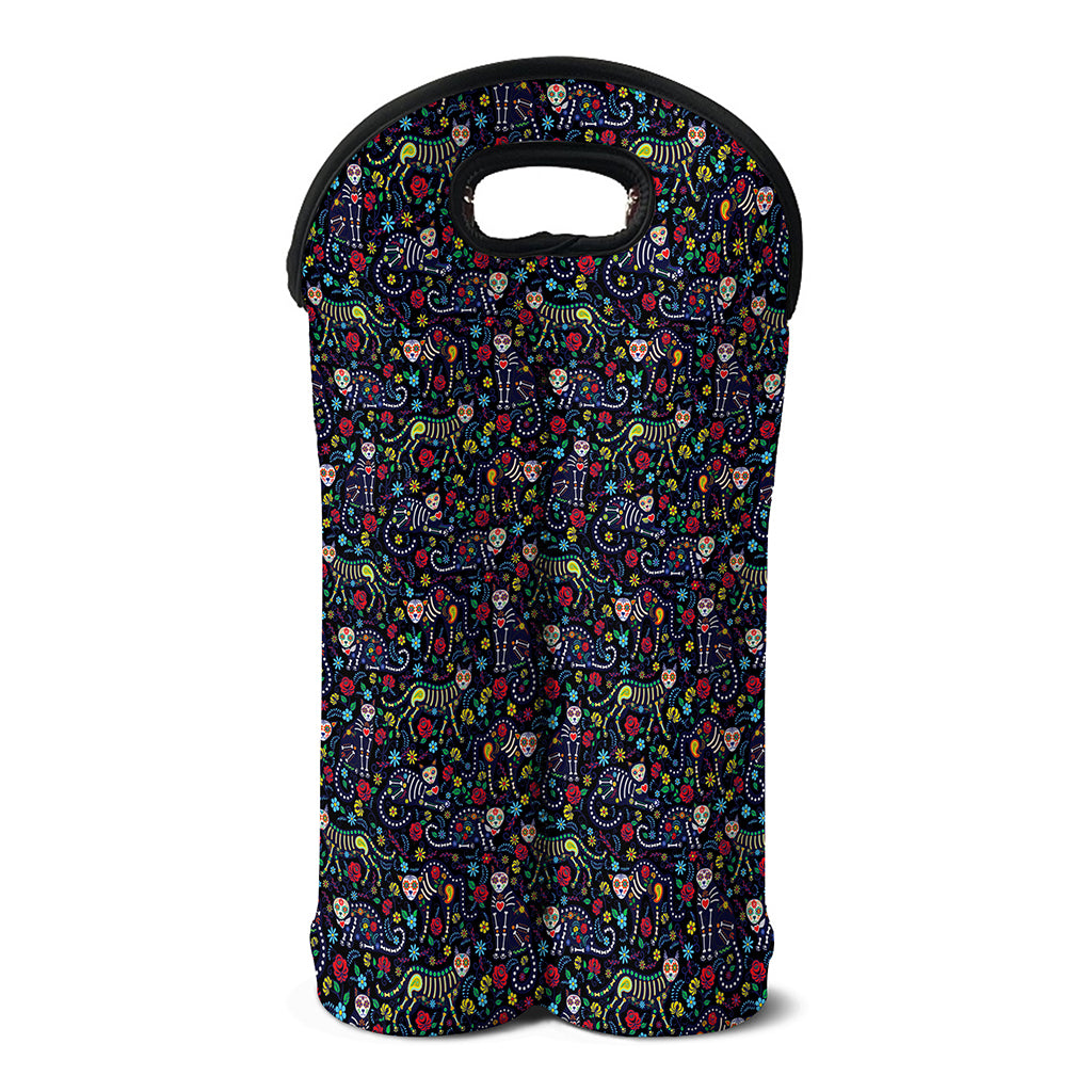 Day Of The Dead Calavera Cat Print Double Neoprene Wine Tote