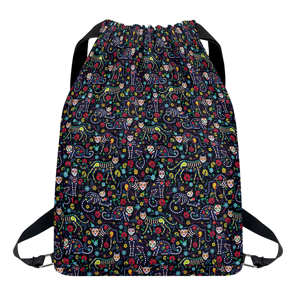 Day Of The Dead Calavera Cat Print Drawstring Backpack