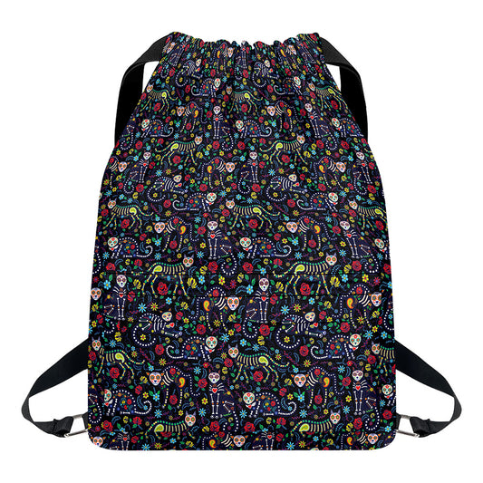 Day Of The Dead Calavera Cat Print Drawstring Backpack