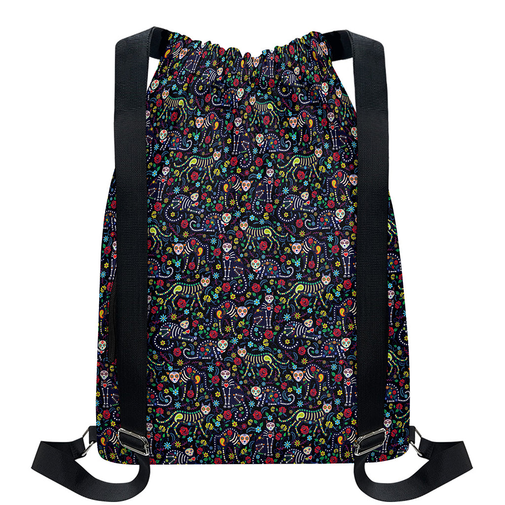 Day Of The Dead Calavera Cat Print Drawstring Backpack
