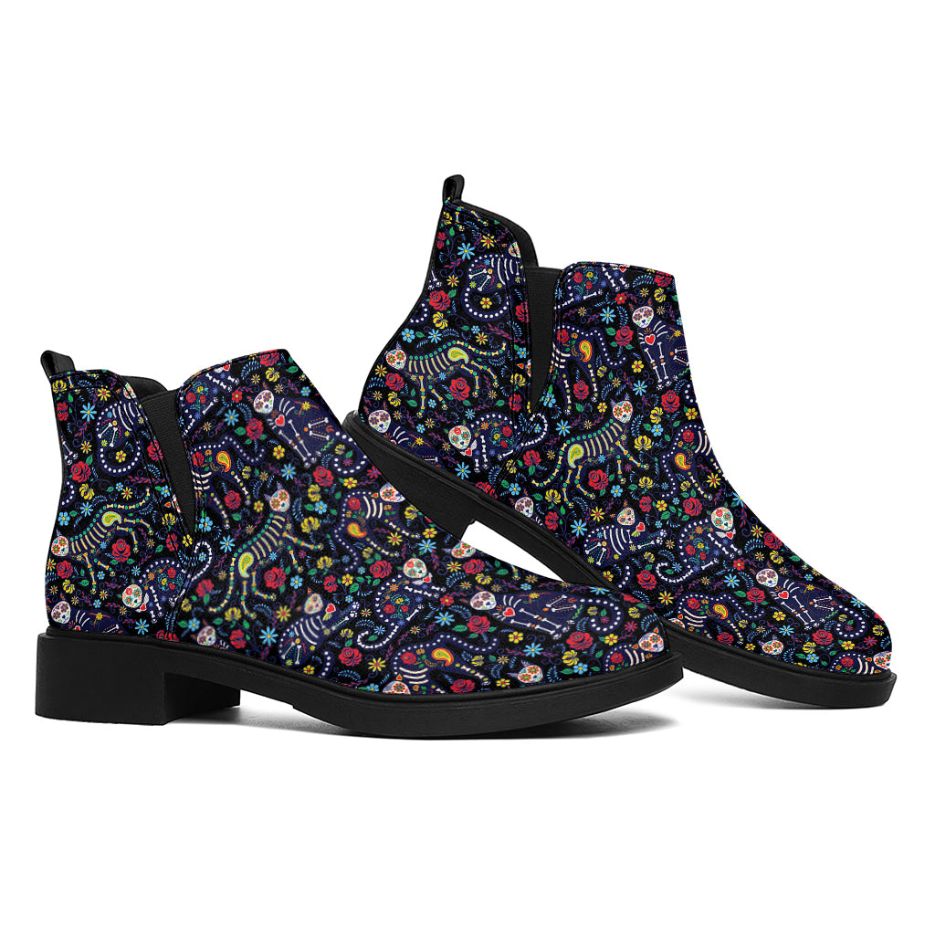 Day Of The Dead Calavera Cat Print Flat Ankle Boots