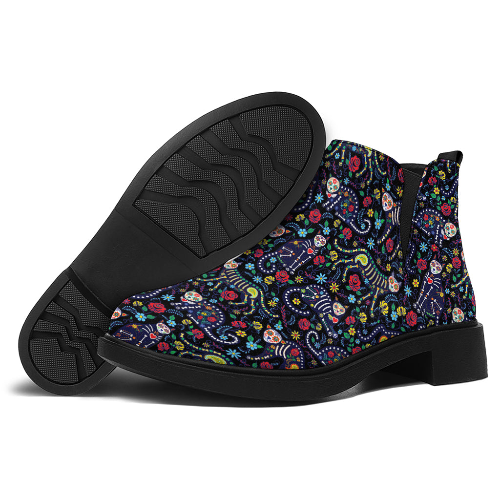 Day Of The Dead Calavera Cat Print Flat Ankle Boots