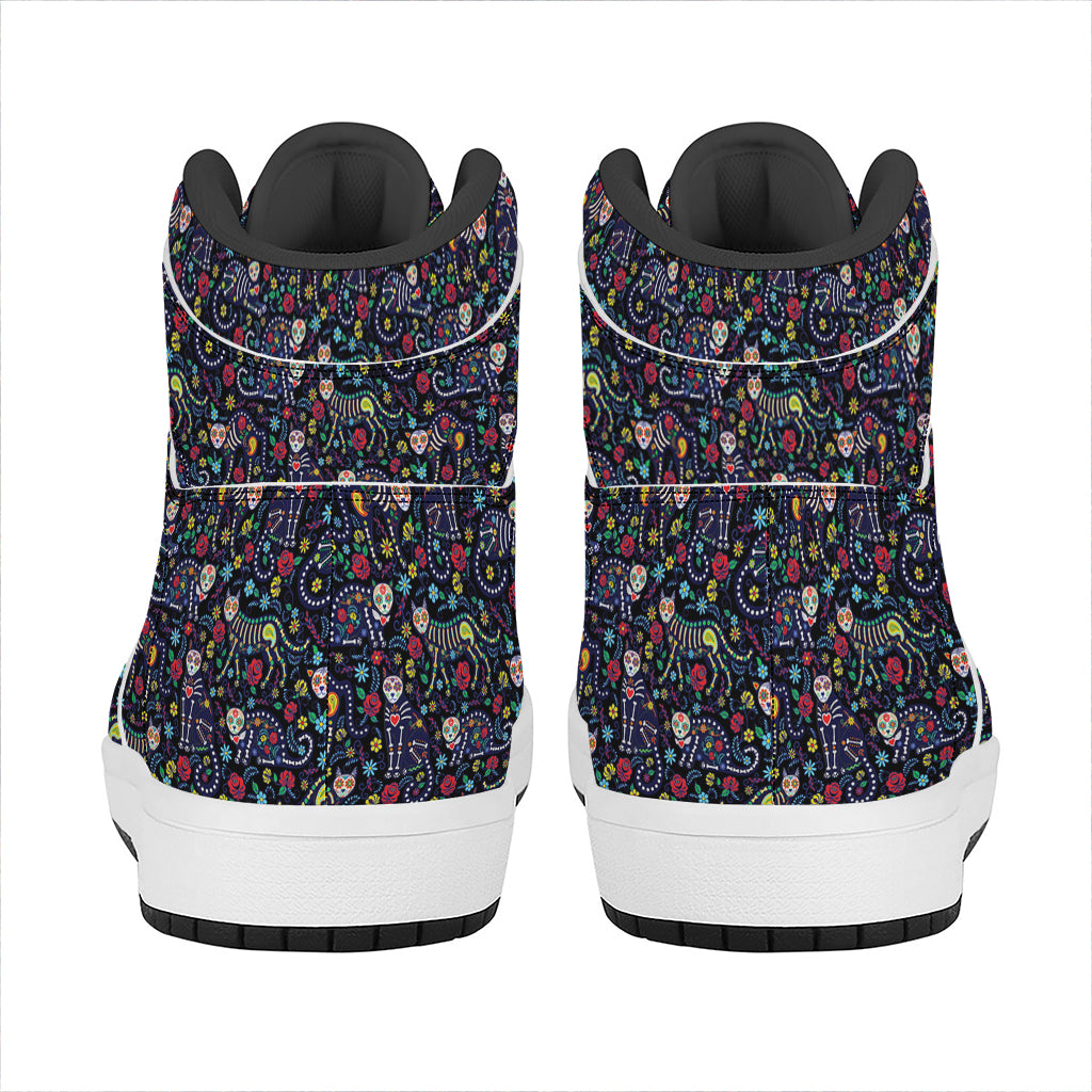 Day Of The Dead Calavera Cat Print High Top Leather Sneakers