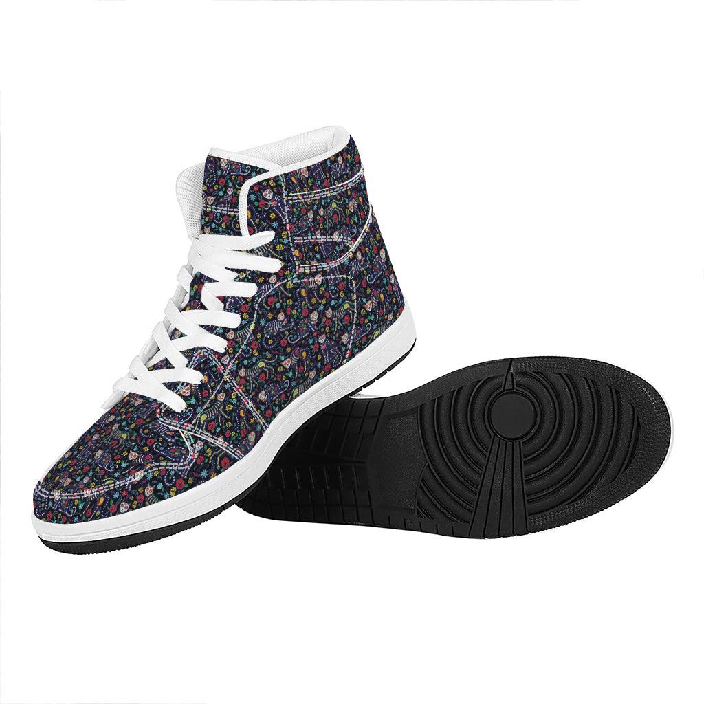 Day Of The Dead Calavera Cat Print High Top Leather Sneakers