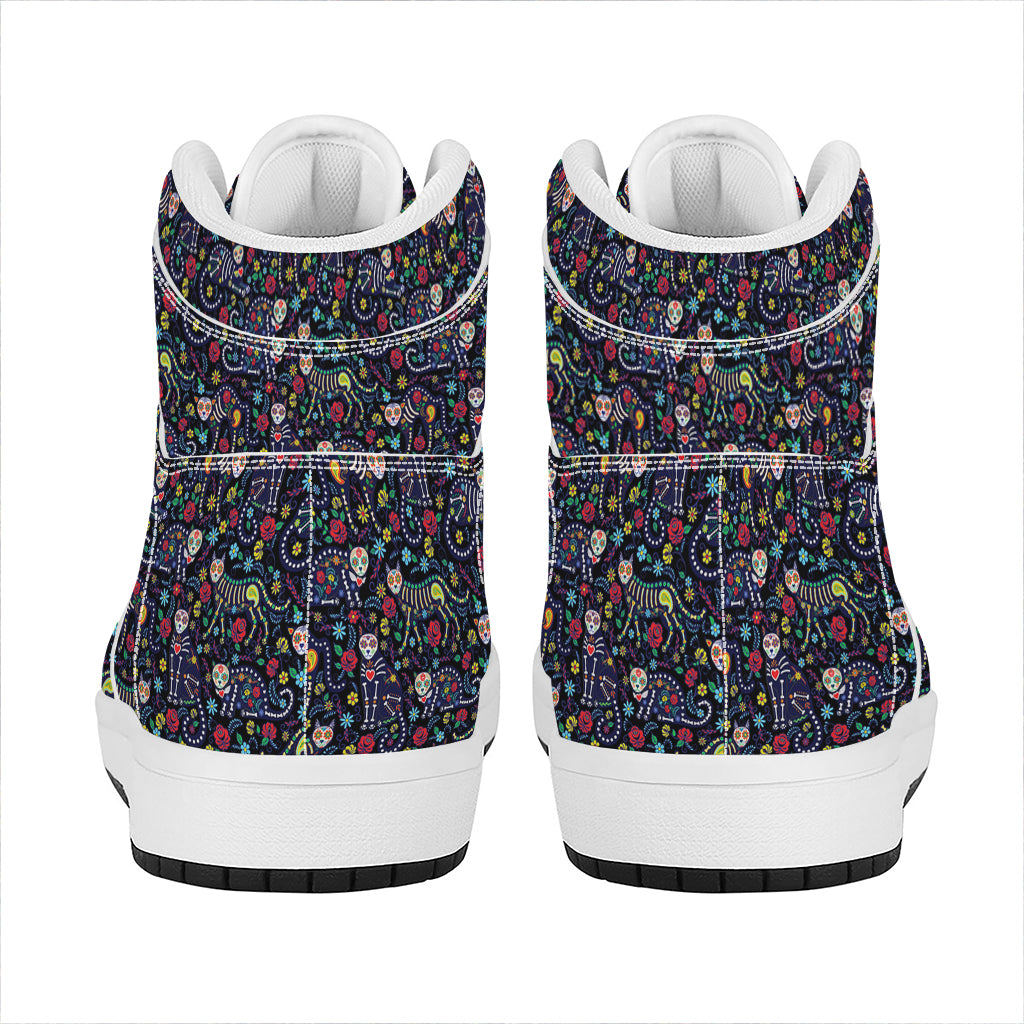 Day Of The Dead Calavera Cat Print High Top Leather Sneakers